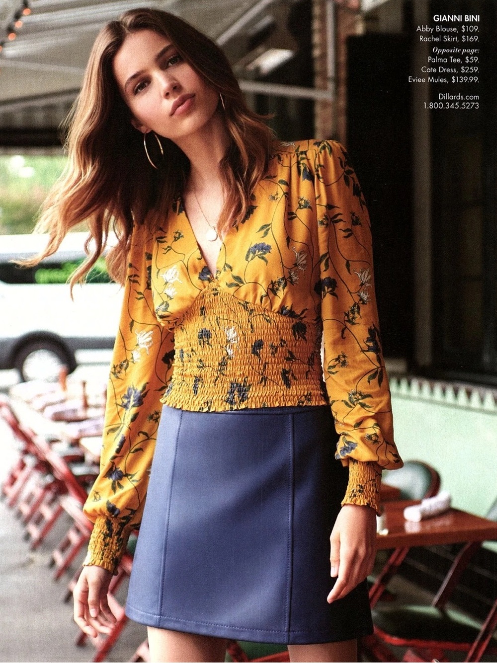 Gianni Bini Abby Smocked V Neck Blouse Golden Yellow Floral Long Sleeve